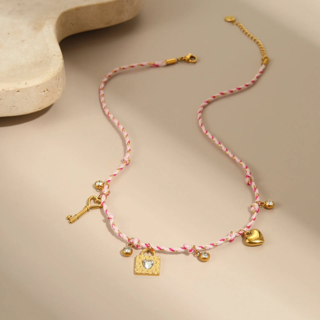 Handmade braided rope titanium steel necklace and bracelet with heart, star, or geometric pendant on a stainless steel chain.
