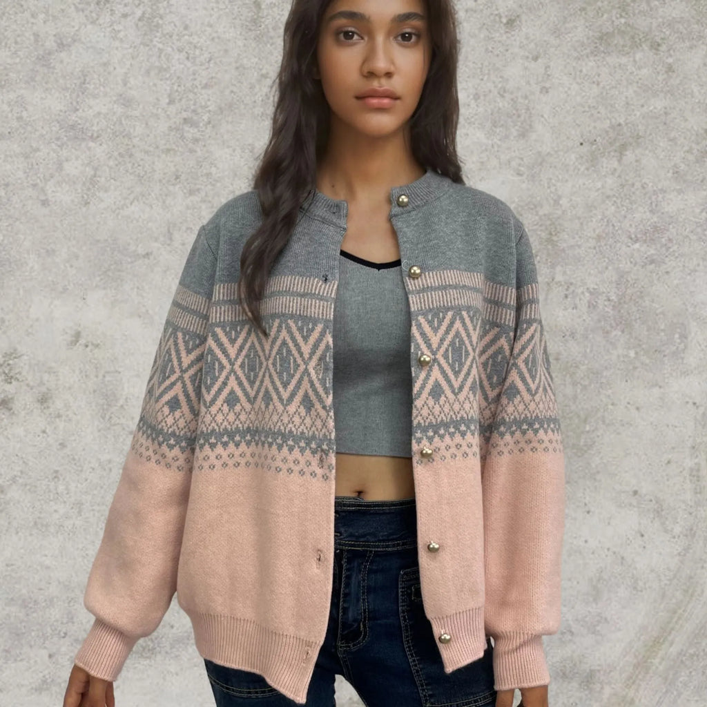 Women's grey alpaca wool cardigan with diamond knit and contrast colour block design