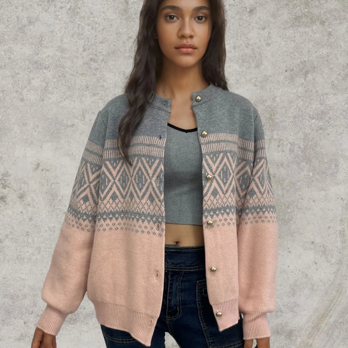 Women's grey alpaca wool cardigan with diamond knit and contrast colour block design