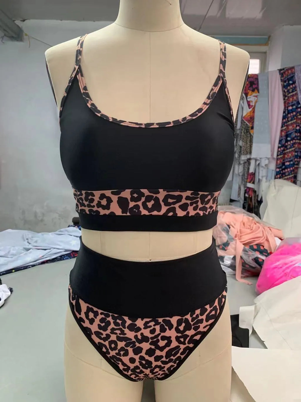 Women's high waist split bikini swimsuit in white or leopard print with Asian sizing options