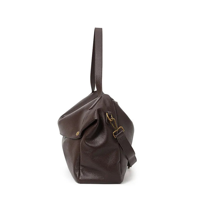Brown genuine leather women's shoulder bag with horizontal square shape and internal zipper compartment
