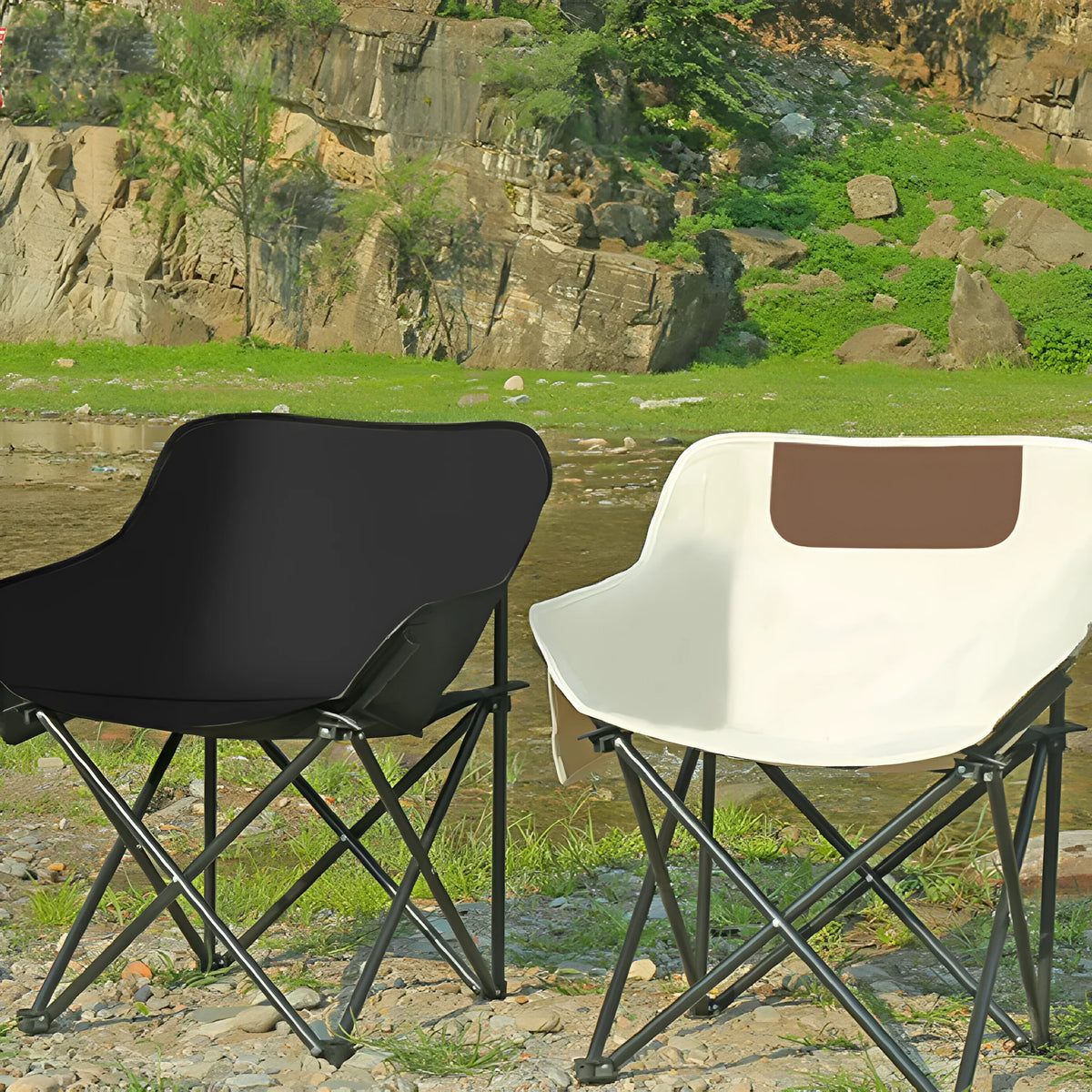 Beige folding chair with Oxford cloth seat and steel frame in outdoor setting