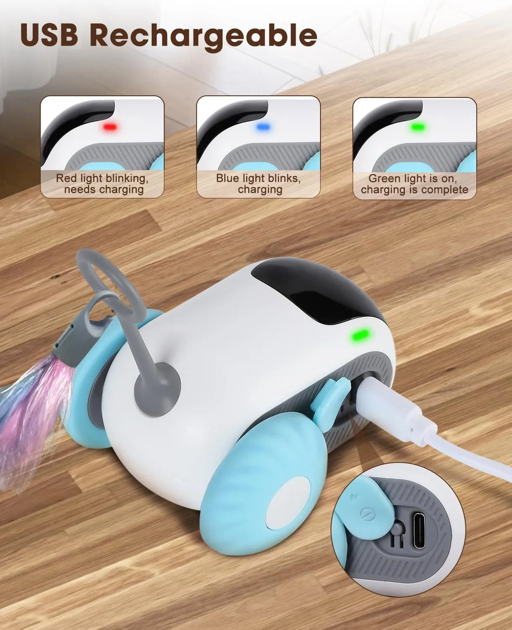 Blue remote-controlled cat toy car with feather attachment on orange background