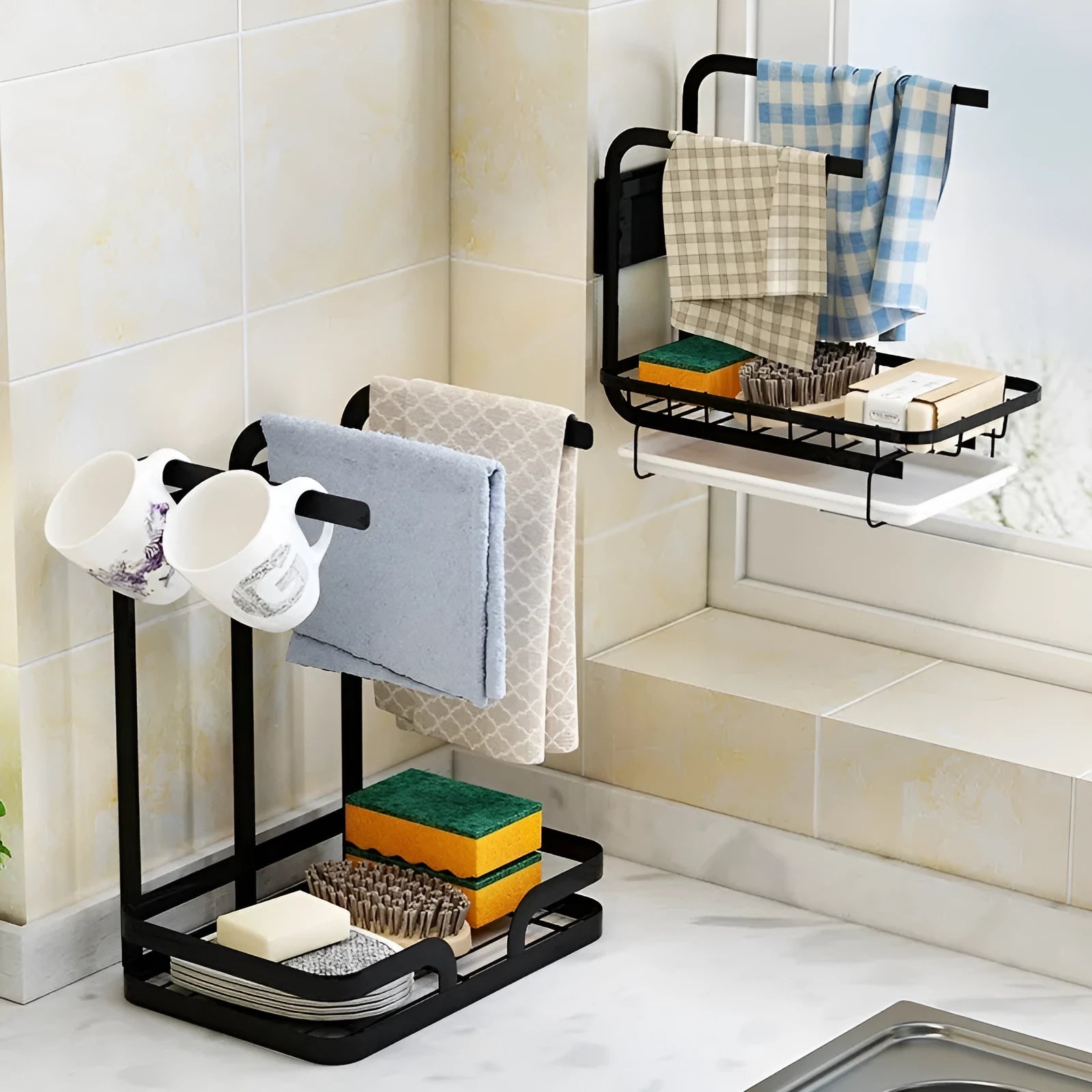 Foldable plastic kitchen draining rack for sponges and cloths with wall mount option