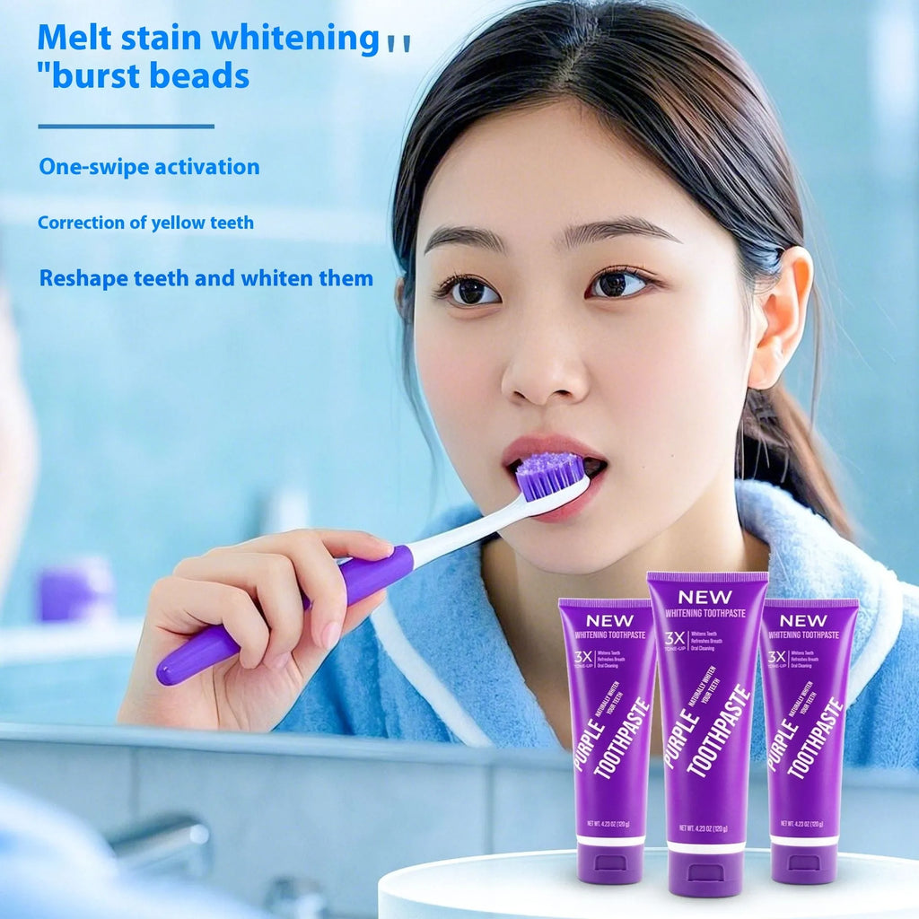 Purple whitening toothpaste tube for adults in 120g and 65g sizes to remove yellow stains