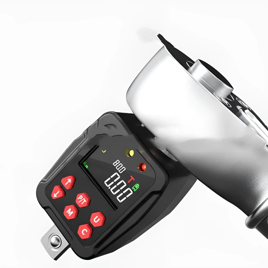 Digital torque meter with LCD screen and 1/2 inch drive, part of a three-piece metal toolkit.