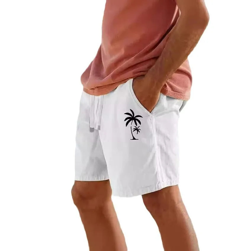 Men's cotton blend beach shorts with floral heat transfer patch pattern and drawstring waist in army green