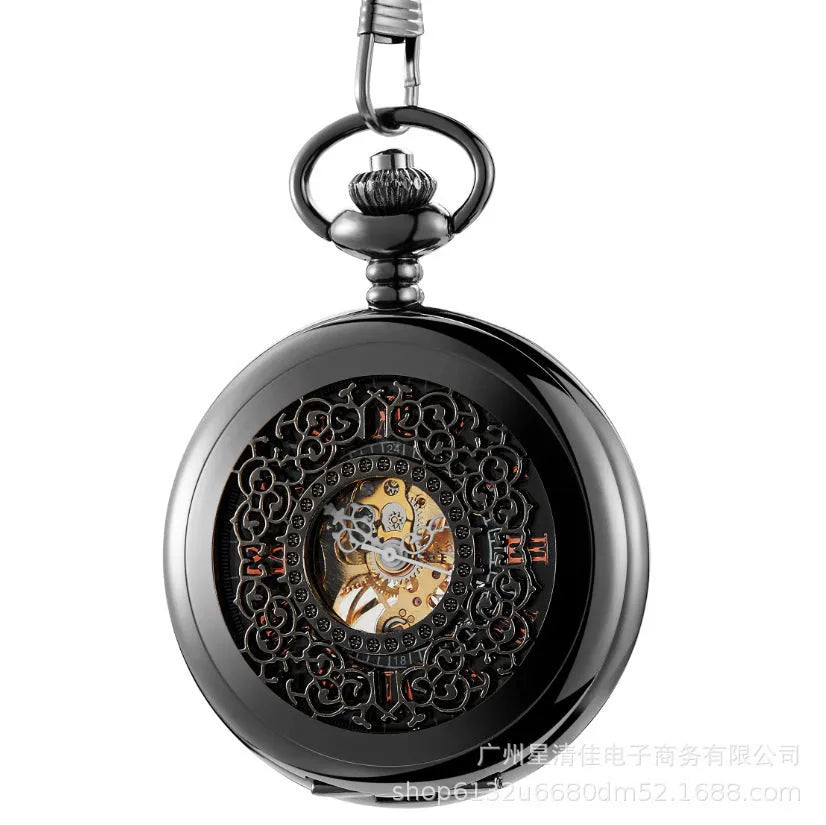 Retro hollow automatic pocket watch with large floral print dial on an alloy strap.
