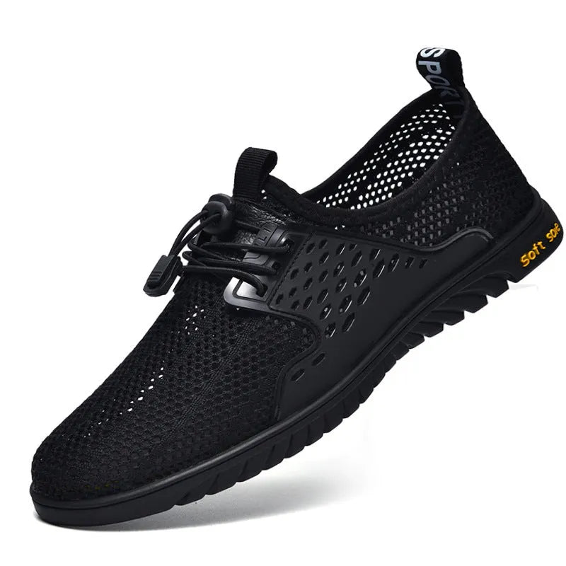 Men's breathable mesh casual shoe in sand colour with elastic band and rubber sole