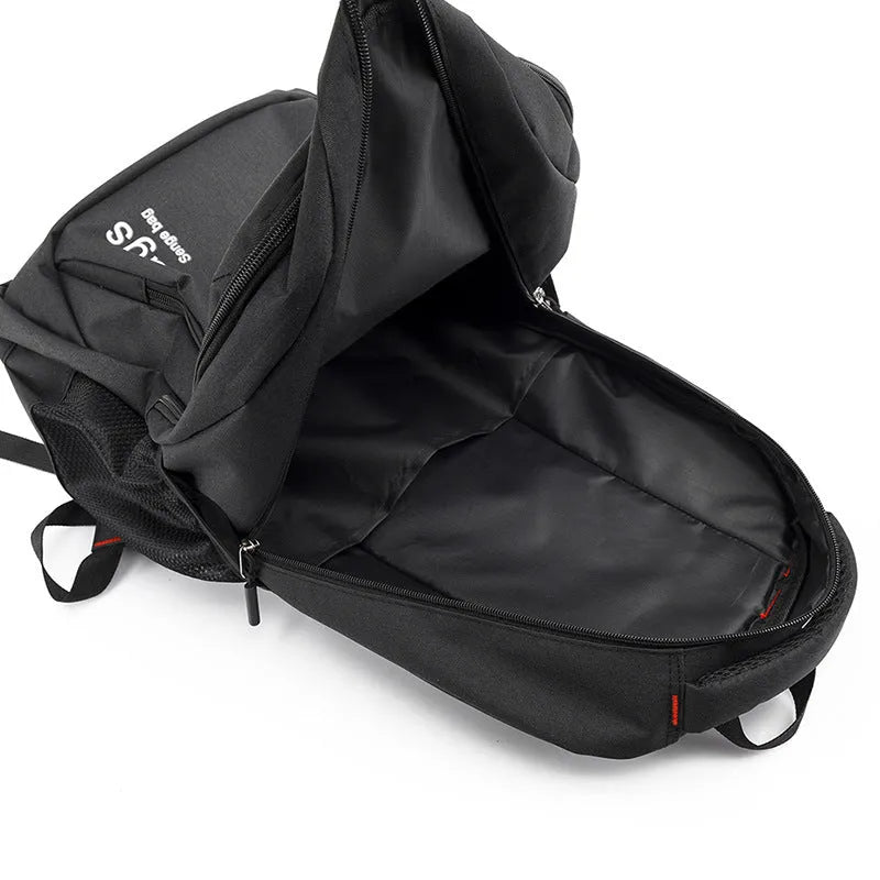 Fashion nylon backpack in black with double shoulder straps and multiple zipper compartments for travel and computer storage