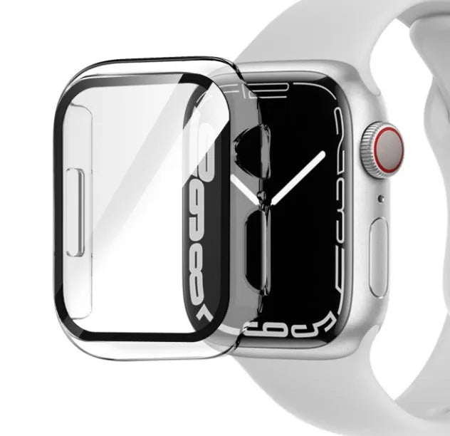 PC tempered film protective case for Apple Watch in multiple colours and sizes on a white background.
