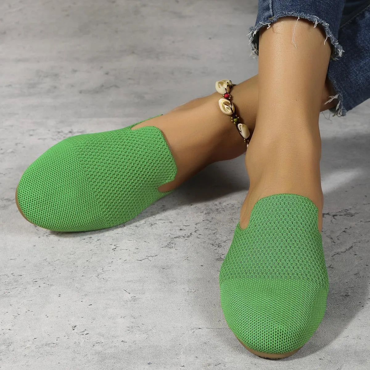 Mesh slip-on sandals in apricot colour with round toe and flat rubber sole