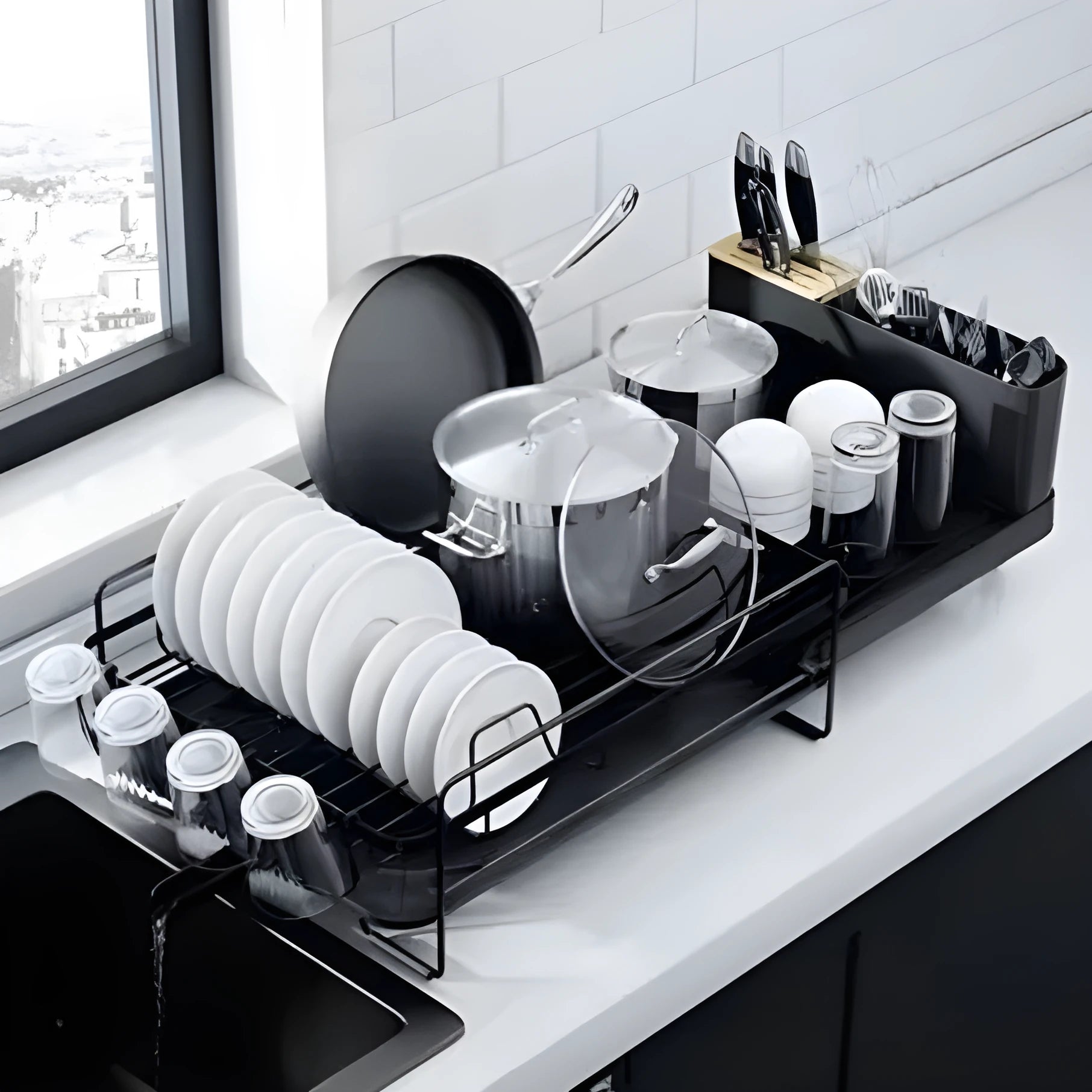 Retractable kitchen dish drain rack with cutlery and cup holder in carbon steel