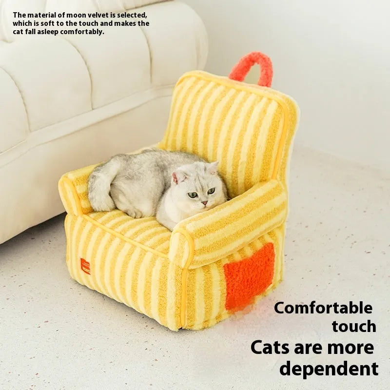 Striped pet bed for dogs with soft velvet plush fabric and removable washable cover in orange colour