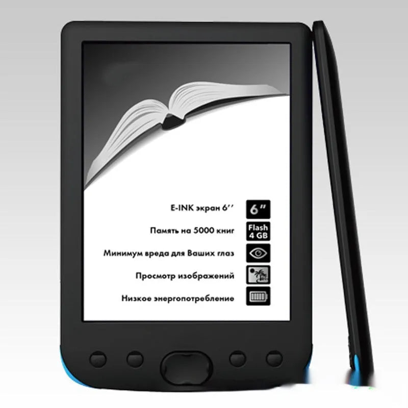 Black 6-inch E-ink screen e-book reader showing book text display