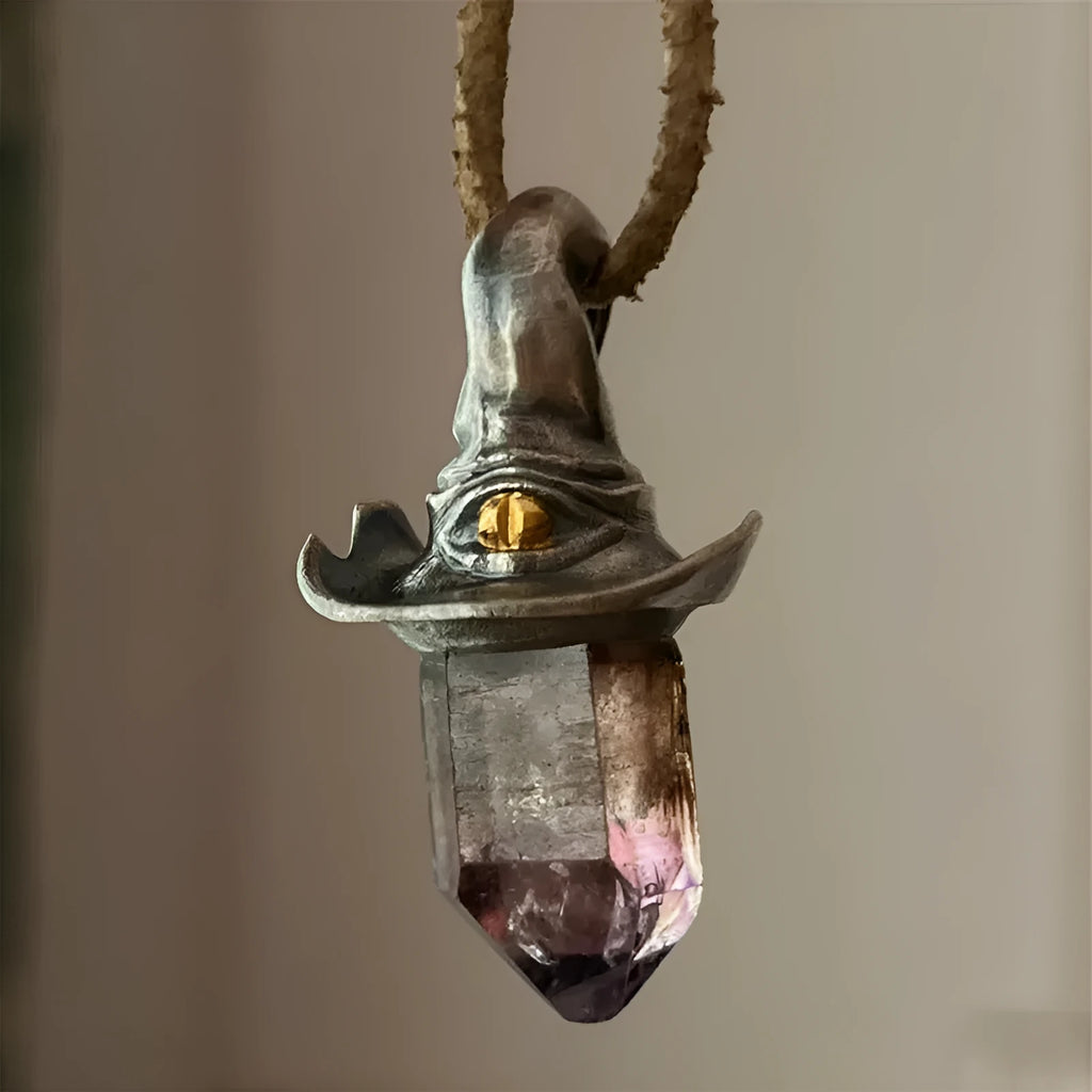 Retro hexagonal witch hat crystal pendant necklace with cowhide rope or black rope and keychain option