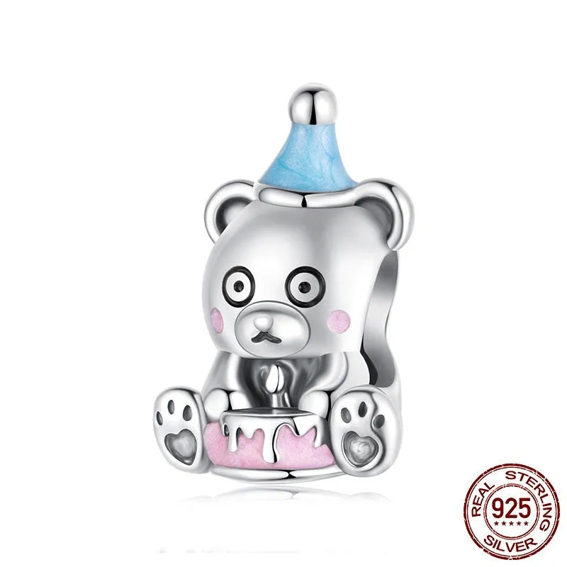 S925 sterling silver birthday cake bear bead, 1.4cm by 0.9cm, 0.45cm aperture, SCC3120 dripping oil colour