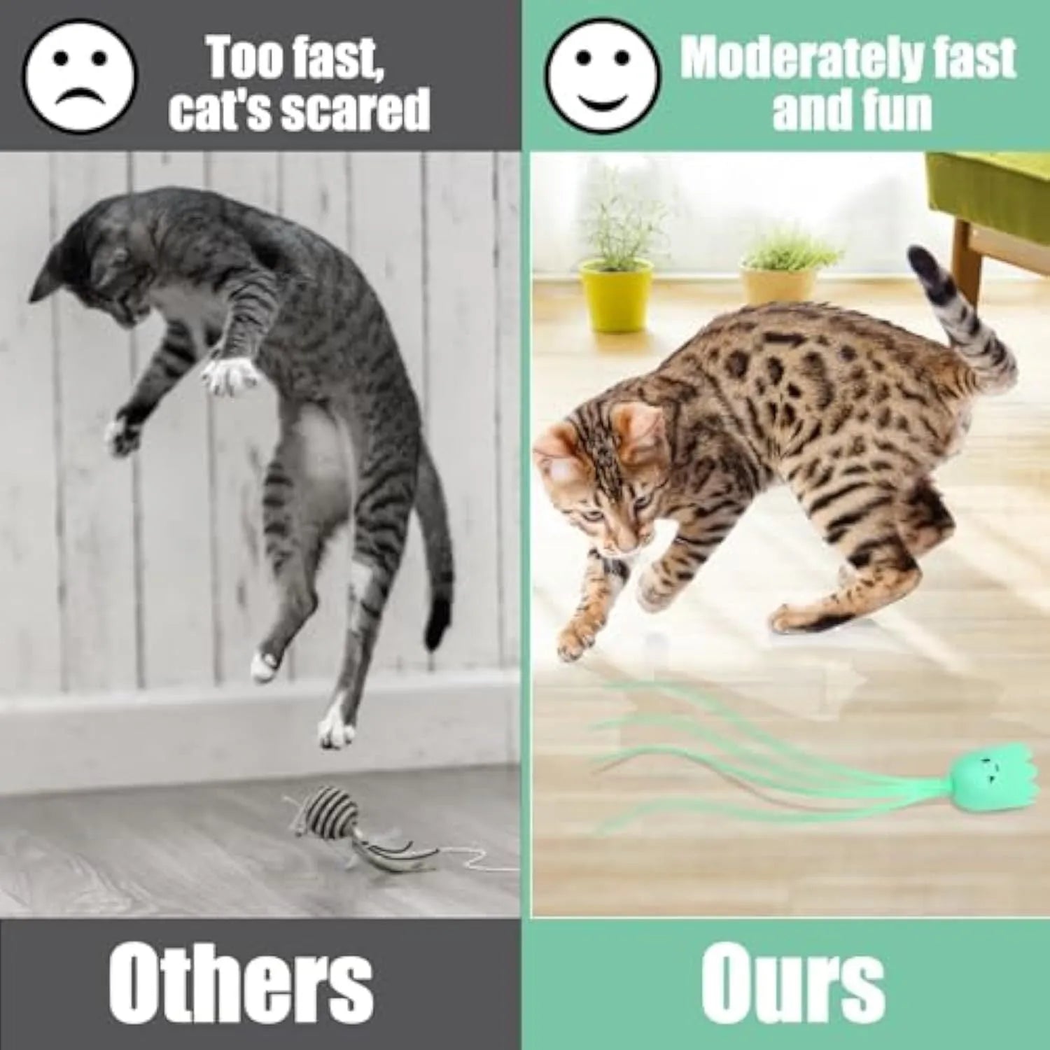 Rechargeable automatic cat toy wand with green silicone swinging tails for indoor cat play