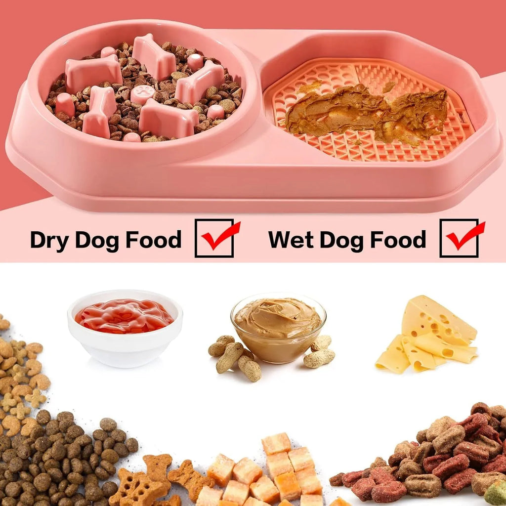 Blue slow feeder dog bowl with puzzle ridges and non-slip base, shown with dog kibble.