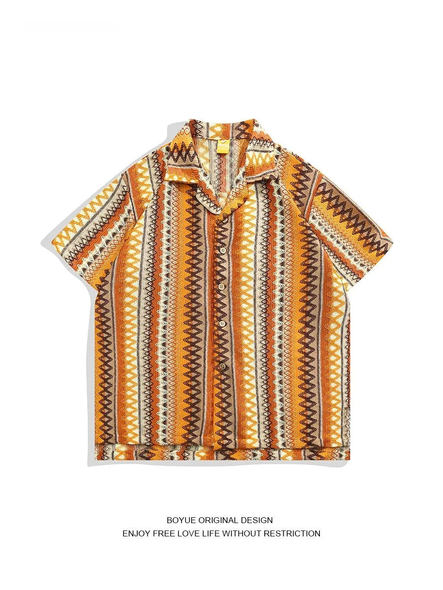 Loose fit Cuban collar shirt in a woven contrast colour pattern with drop-shoulder short sleeves.