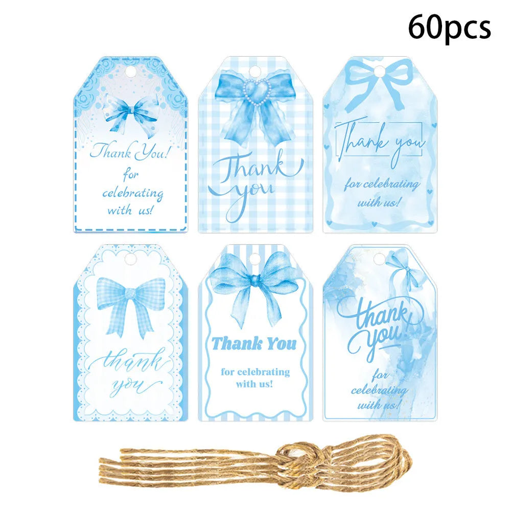 Sixty paper birthday gift tags with bowknot designs and natural hemp rope ties in three decorative styles.
