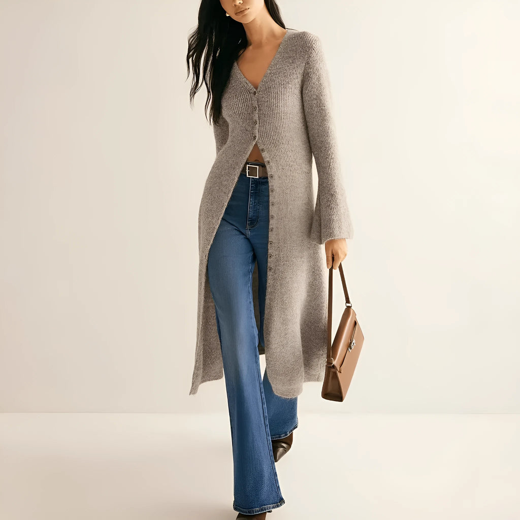 Khaki French style long sleeve cardigan coat with button front closure on mannequin