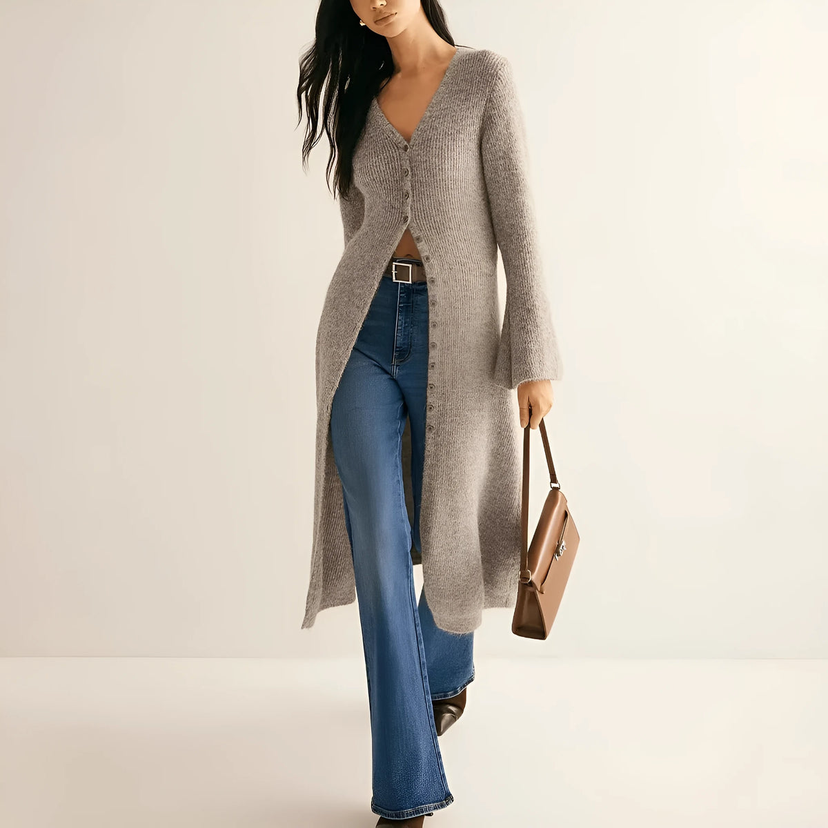 Khaki French style long sleeve cardigan coat with button front closure on mannequin