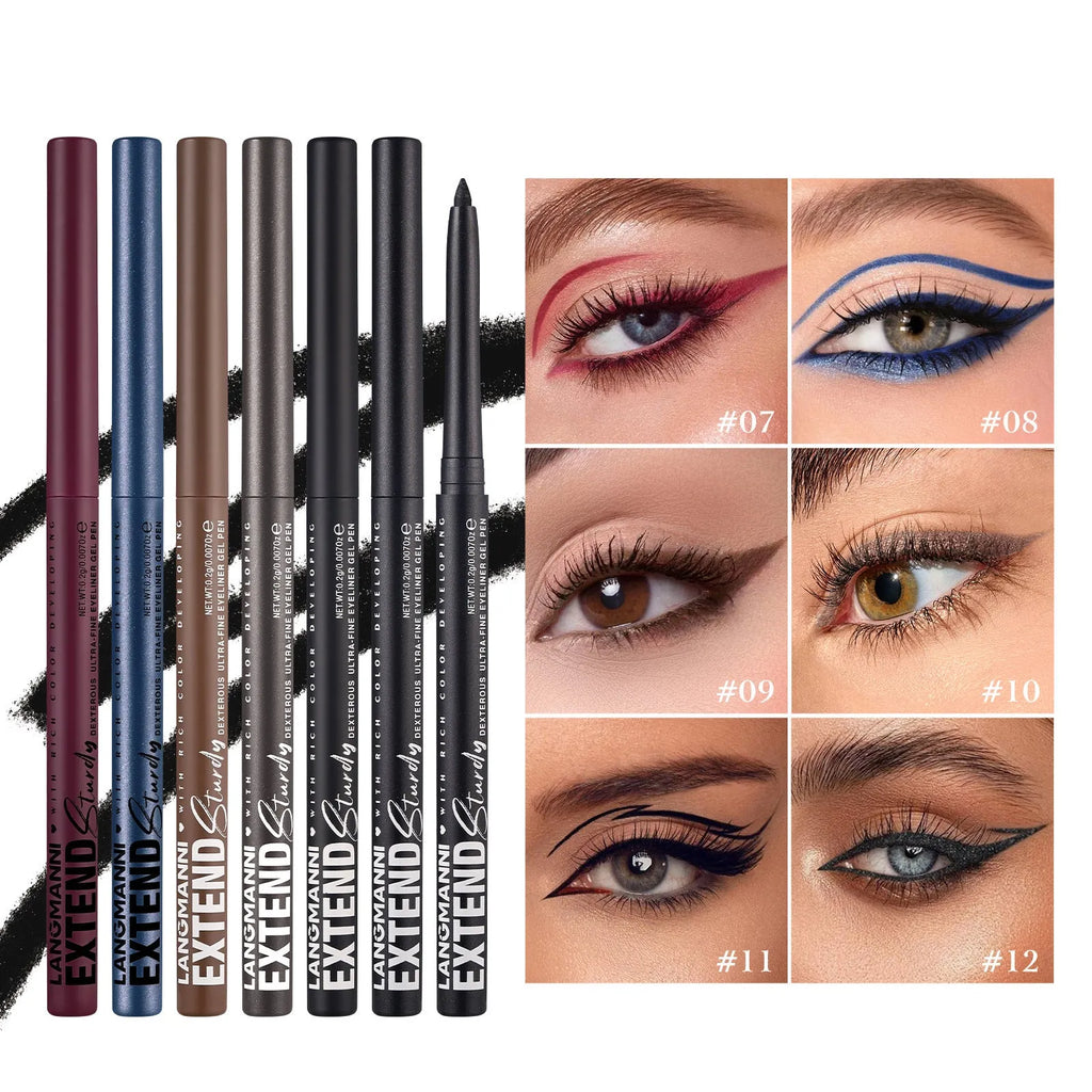 12 colourful gel glitter eyeliner pencils set showing matte metallic and pearl finishes