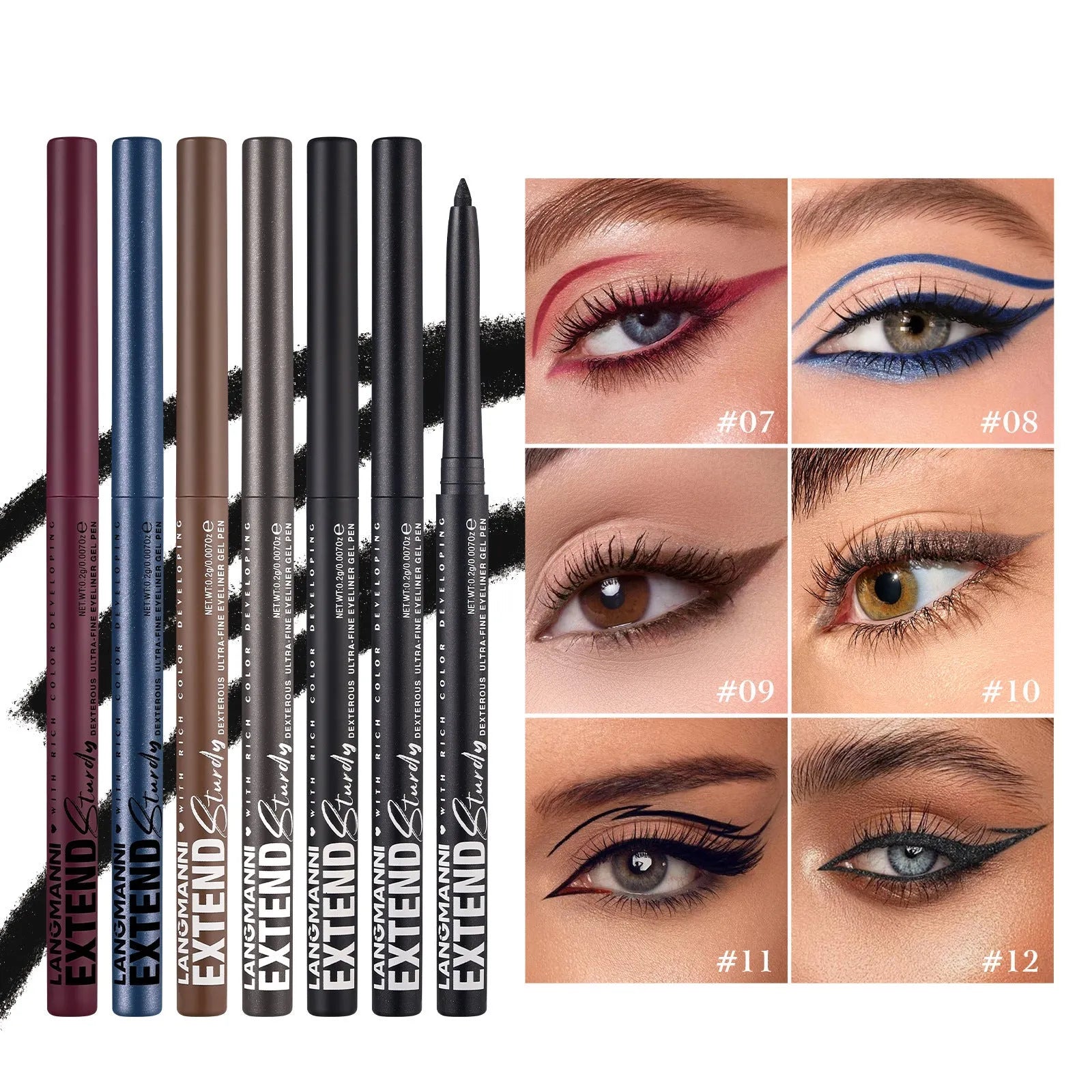 12 colourful gel glitter eyeliner pencils set showing matte metallic and pearl finishes