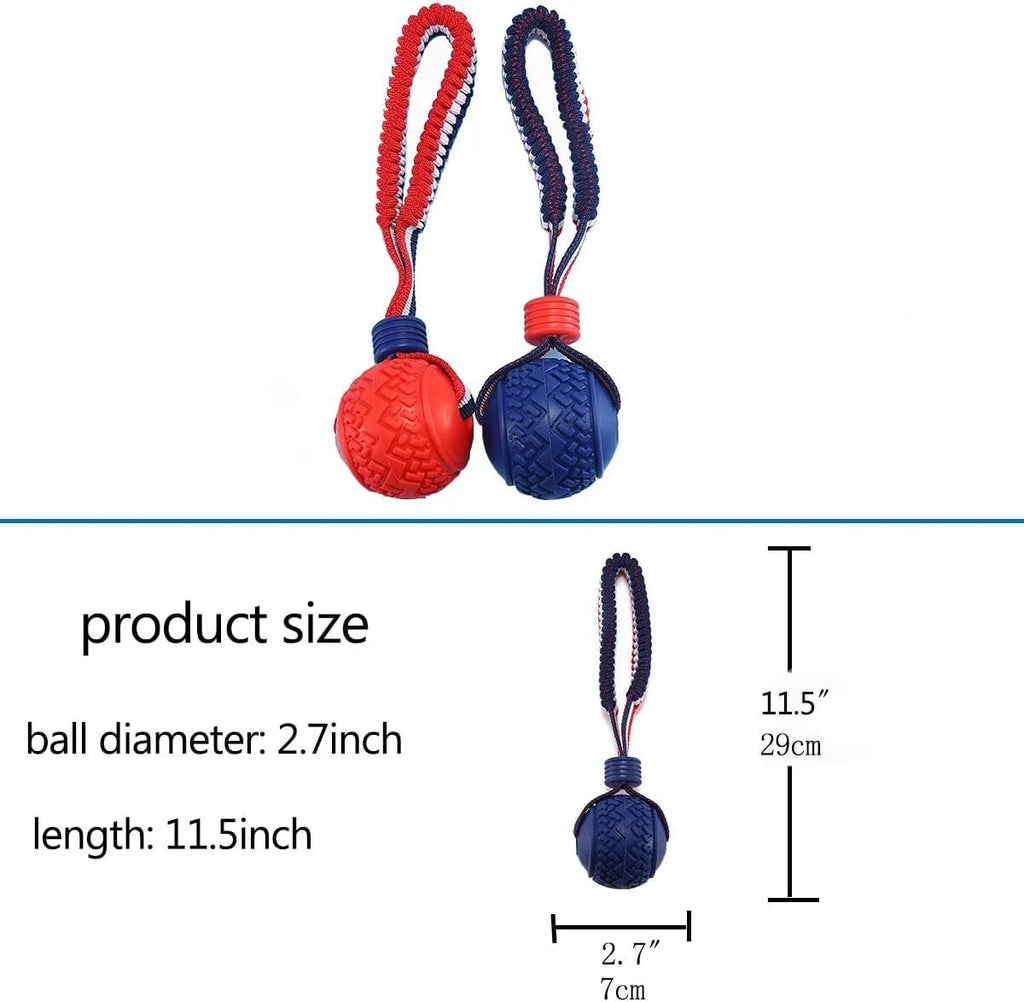 Blue or red natural rubber dog ball with rope toy for small and medium dogs featuring textured surface for teeth cleaning