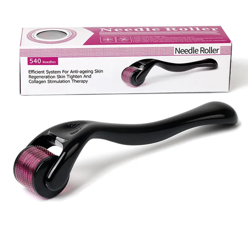 Black and purple derma rollers with titanium microneedles, showing size labels from 0.2mm to 1.0mm.