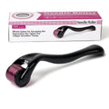 Black and purple derma rollers with titanium microneedles, showing size labels from 0.2mm to 1.0mm.