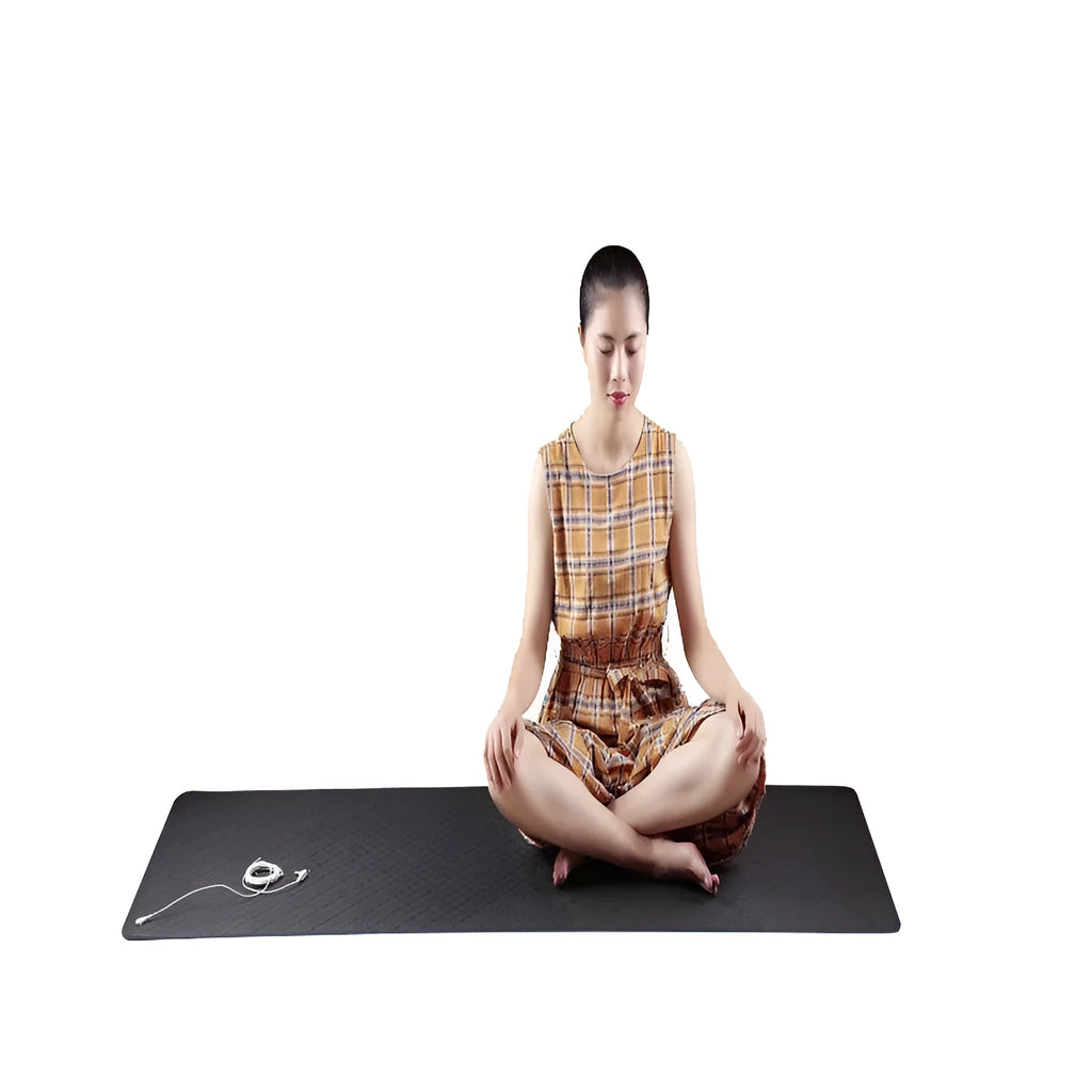 Blue conductive yoga mat with plants pattern, showing grounding wire and 182cm x 61cm x 5mm dimensions.
