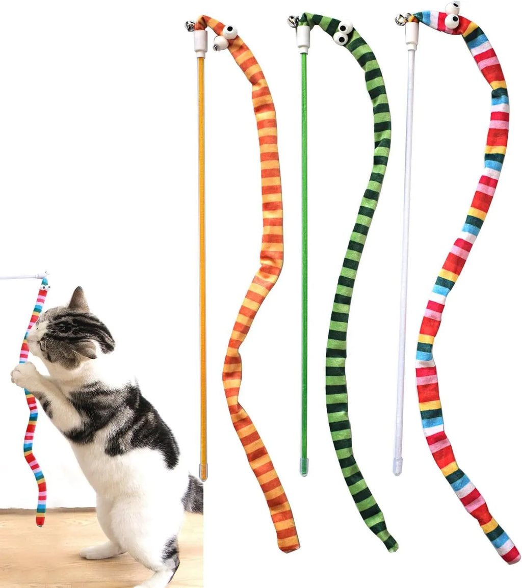 Colourful cat teaser wand toy with a long plush strip and polycarbonate pole