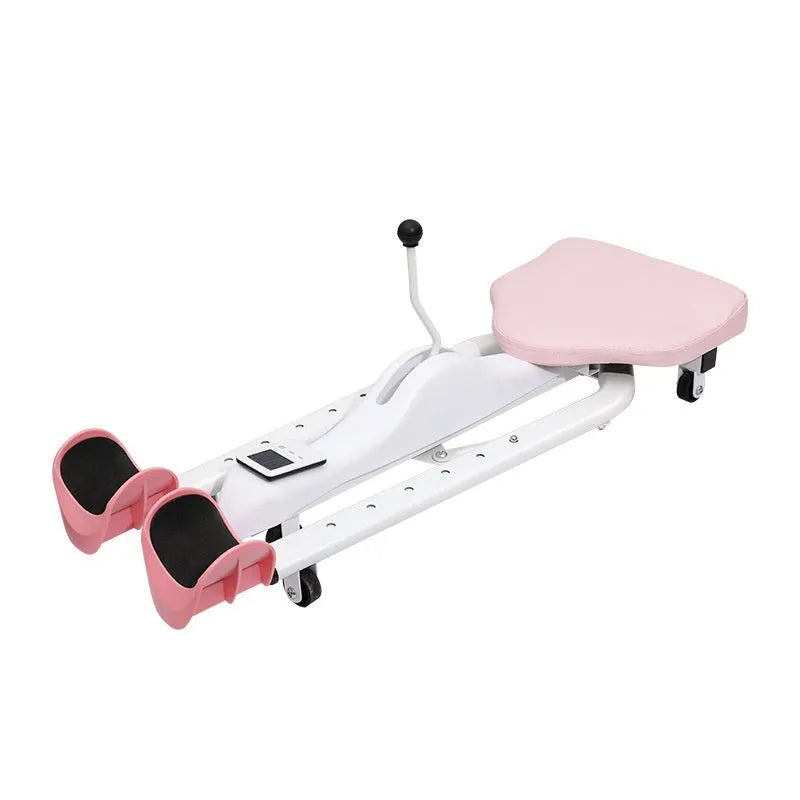 Pink and blue leg stretching machine with steel frame and foam padding, shown with and without a backrest.