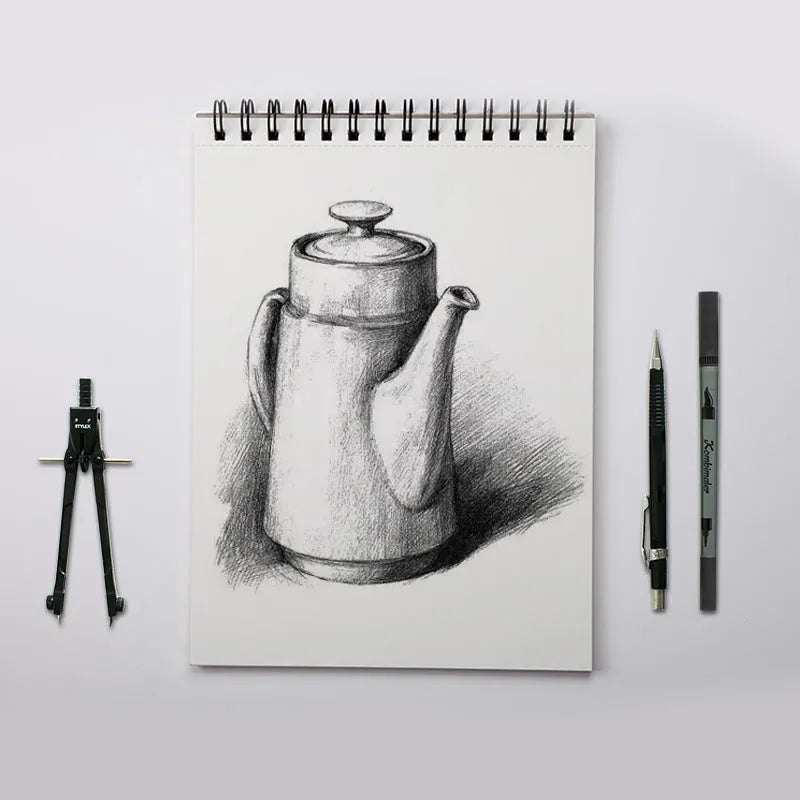 A4 sketchbook with coil binding showing vertical page turning capability alongside A3 glue-bound sketch pack