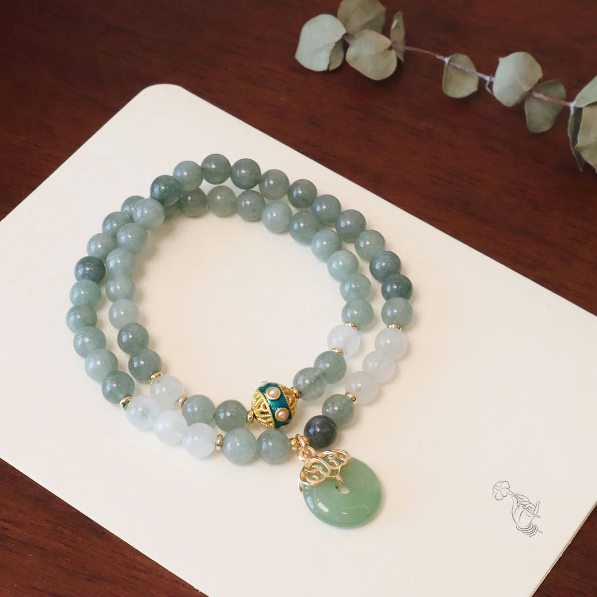 Women's Myanmar jade bracelet with geometric shapes and peace buckle charm on safety buckle