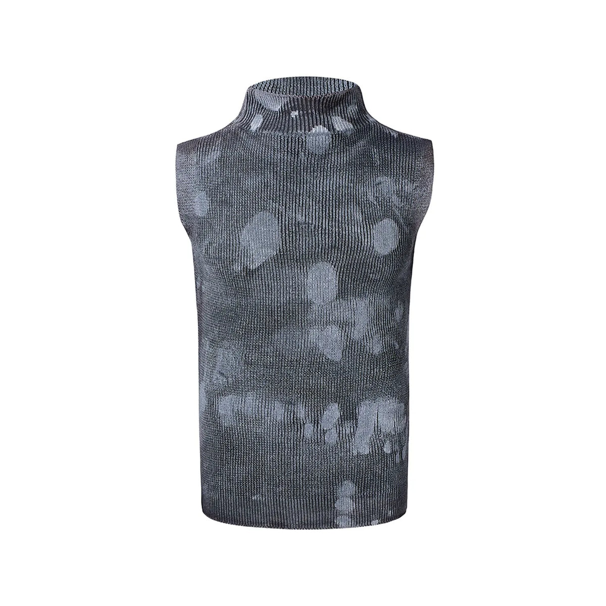 Black men's sleeveless T-shirt with silver pastebrushing wool vest pattern and stand collar
