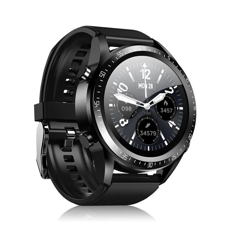 Black smart watch with blood pressure monitoring on silicone wrist strap showing 1.28-inch screen