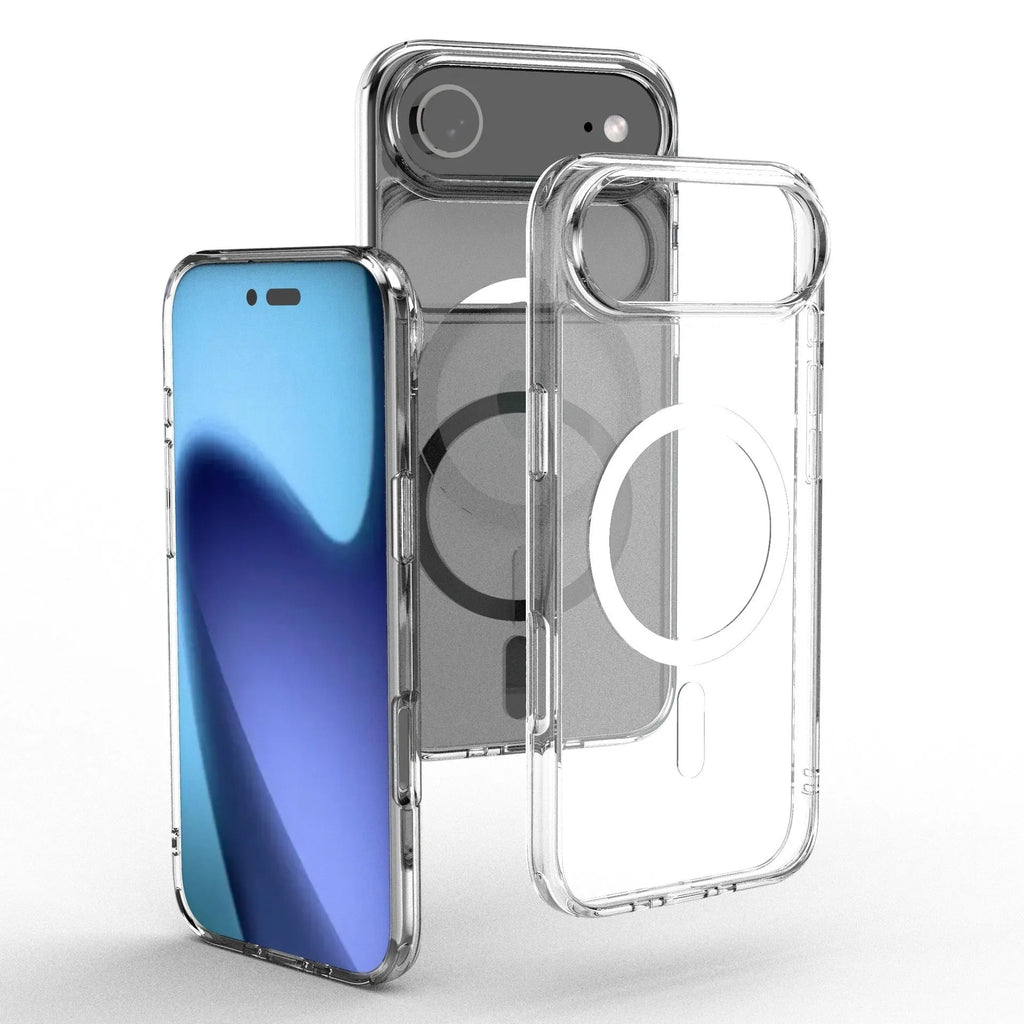 Transparent magnetic shockproof TPU phone case for iPhone 17 and iPhone 17 AIR on a white background