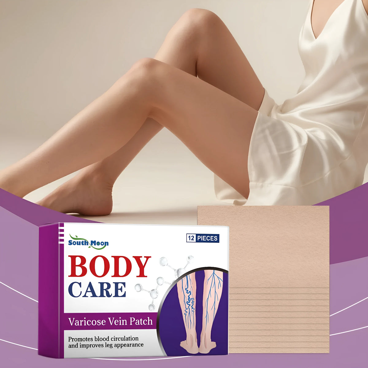 Pack of twelve leg care massage patches with plant ingredients and a nursing patch.
