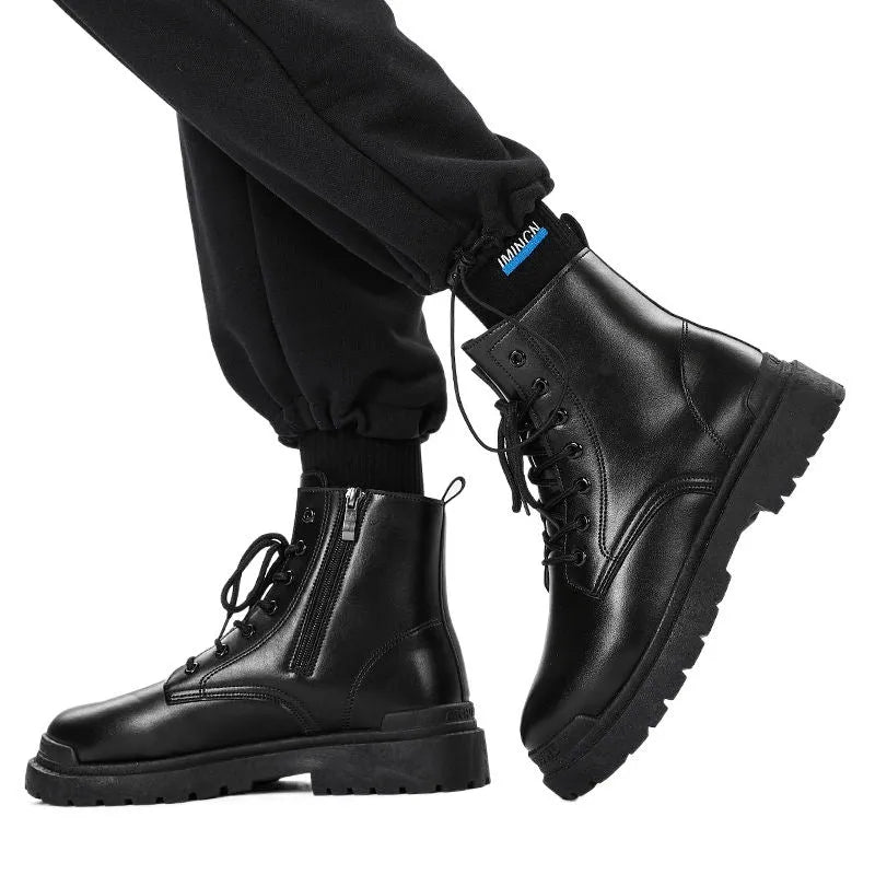 Men's black mid-top leather boots with rubber soles showing British tide style and waterproof construction