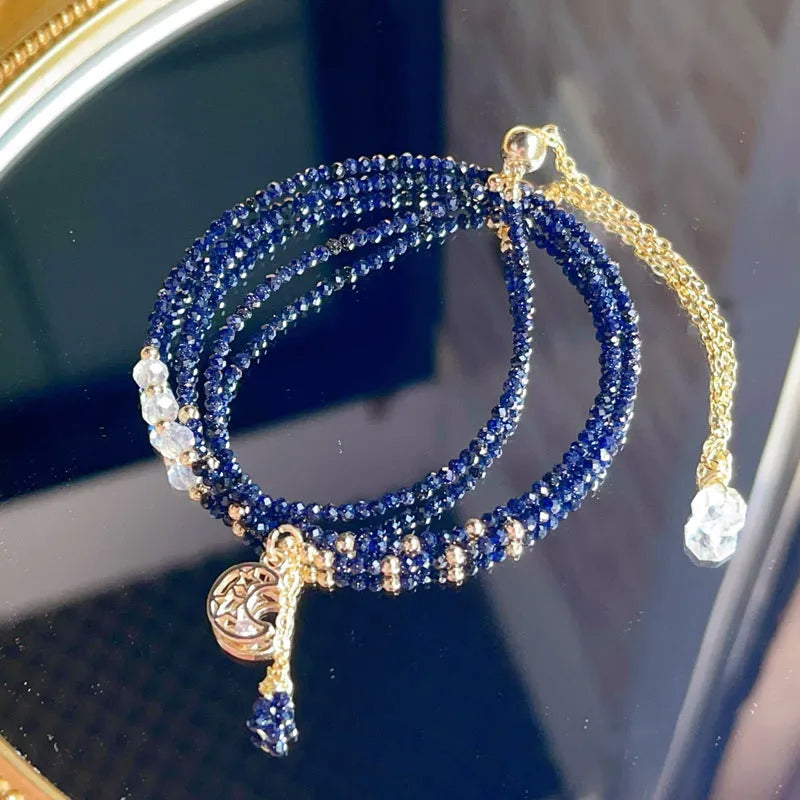 Blue sand stone three-ring bracelet for women with gold accents and multi-layer construction