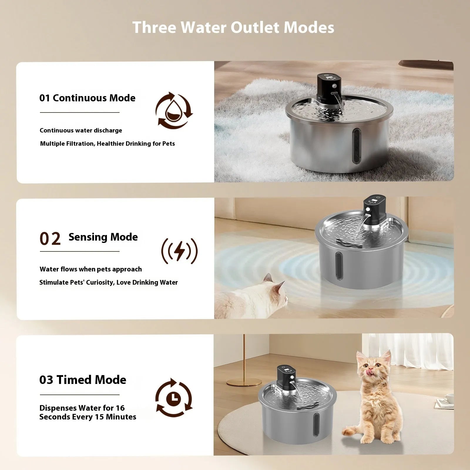 Stainless steel heated pet water fountain with adjustable temperature base in black or white