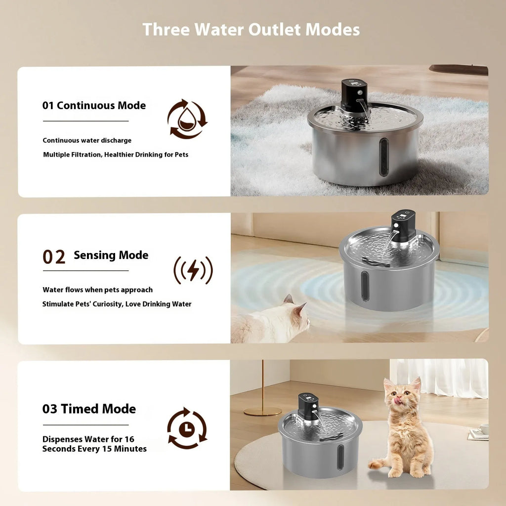 Stainless steel cat water fountain with heating base and automatic circulation system