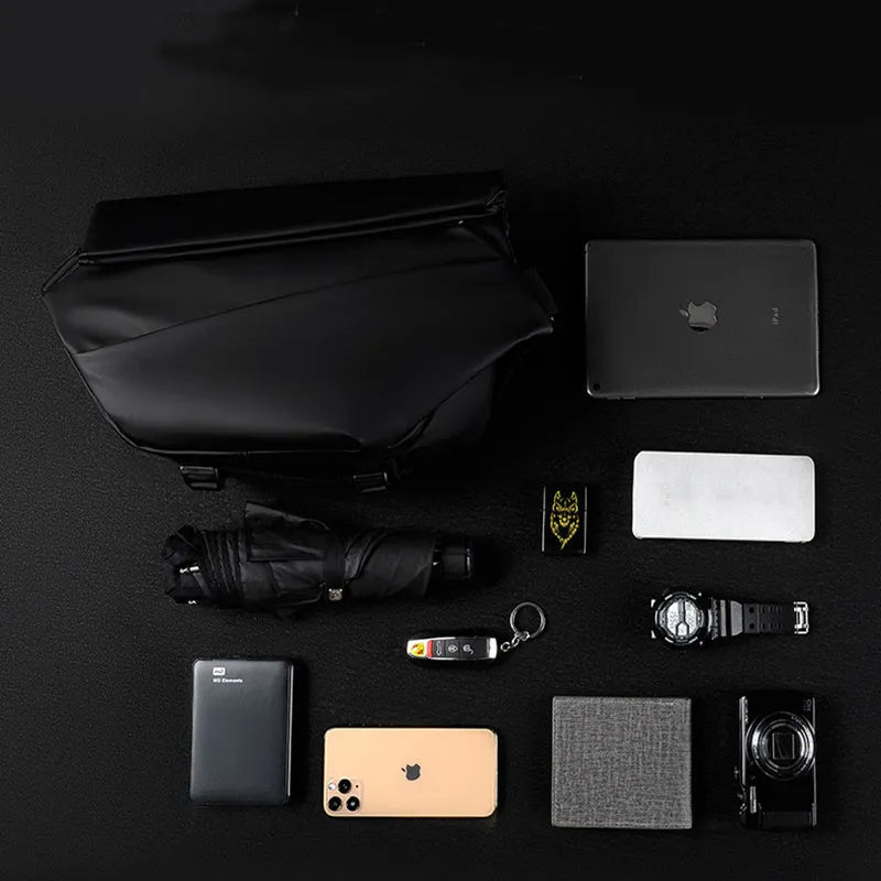 Men's black PU leather crossbody sling backpack with shoulder strap and zipper opening
