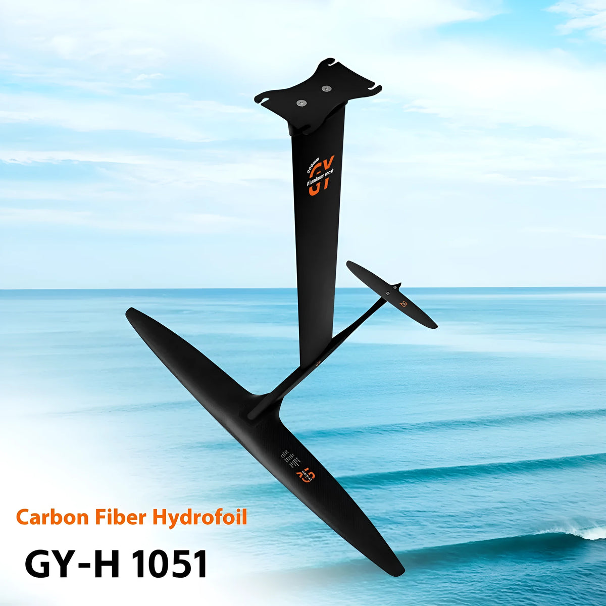 Black carbon fibre and aluminium racing hydrofoil for surfboards with large front wing