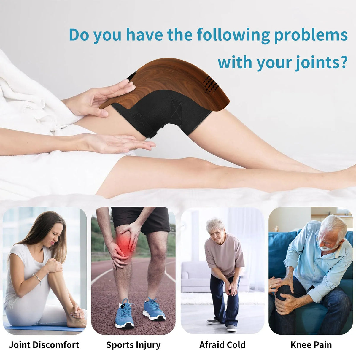 White rechargeable electric knee massager showing wrap design for infrared heat and vibration therapy.