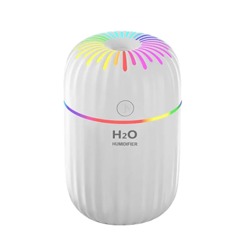 White USB mini humidifier with 300ml tank measuring 75x75x116mm
