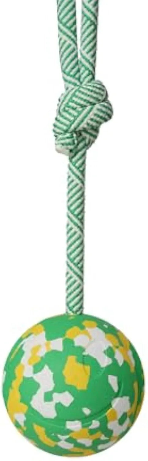 S size natural rubber dog chew ball attached to a blue nylon rope for fetch and tug toys